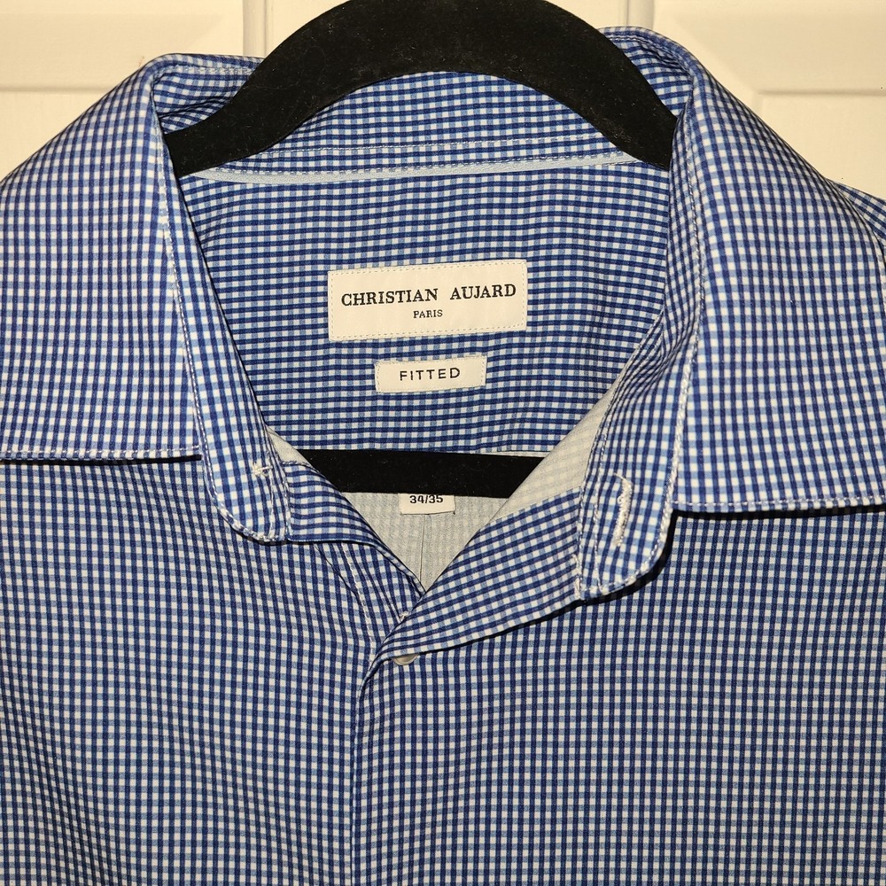 CHRISTIAN AUJARD Paris  EUC Blue Long-Sleeve‎ Poly/Spandex Plaid Shirt  Size L